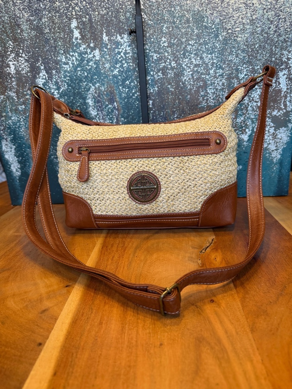 Stone Mountain Boho Woven Straw Faux Leather Crossbody Shoulder Bag Tan (VGUC) - Picture 6 of 16